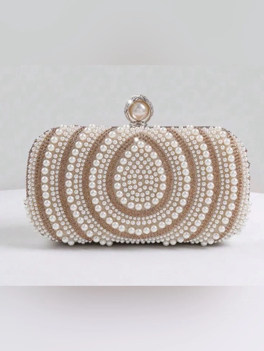 Pearl & Crystal Embellished Clutch - Champagne